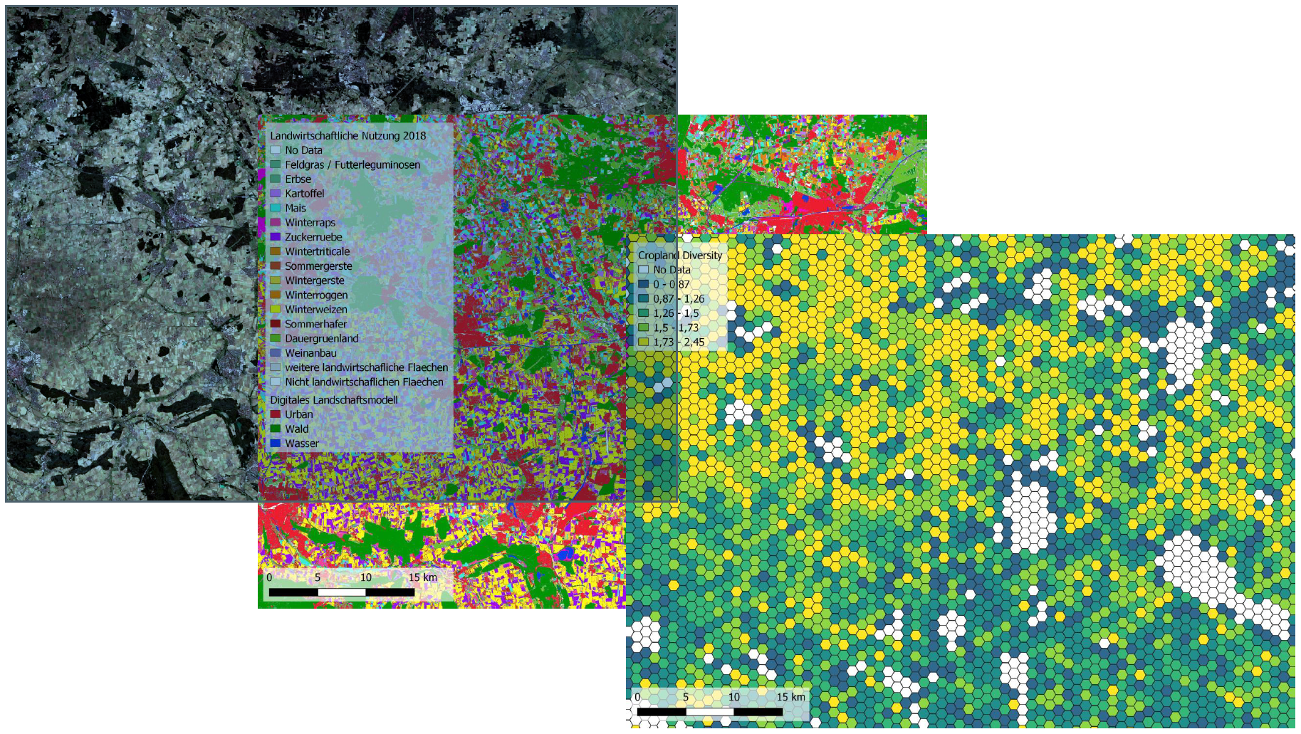 Left: Sentinel-2 satellite image of a region south of Braunschweig, Lower Saxony; center: mapping of main crop types based on Copernicus satellite data; right: exemplary representation of "crop diversity" for 1 km² hexagons.  The figure uses an example to illustrate the process from the acquisition of a satellite image to the calculation and presentation of a (partial) indicator of habitat diversity. Crop diversity is a measure of how many different crop species occur in which distribution within a landscape section (here: hexagons). The higher the value, the higher the cropping diversity in the hexagon cell. High crop diversity generally has a positive effect on habitat diversity and thus biodiversity in the agricultural landscape.