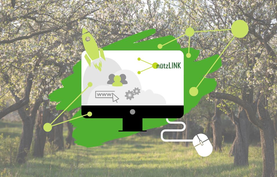  Orchard meadow in the background with digital image of a laptop in the foreground showing the logo of nützLINK