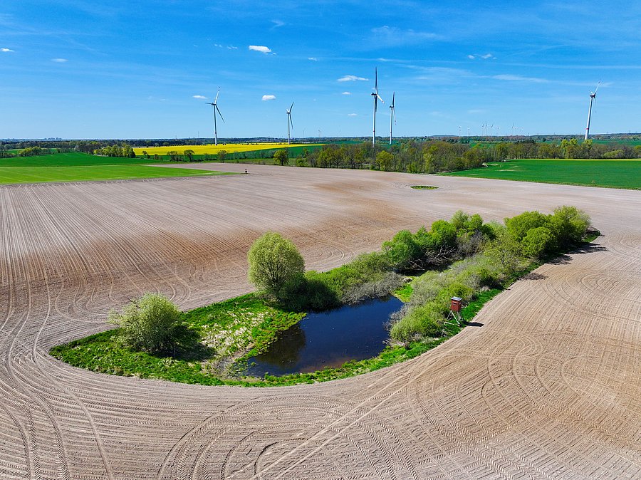 View from above of a small water body in a freshly harrowed field