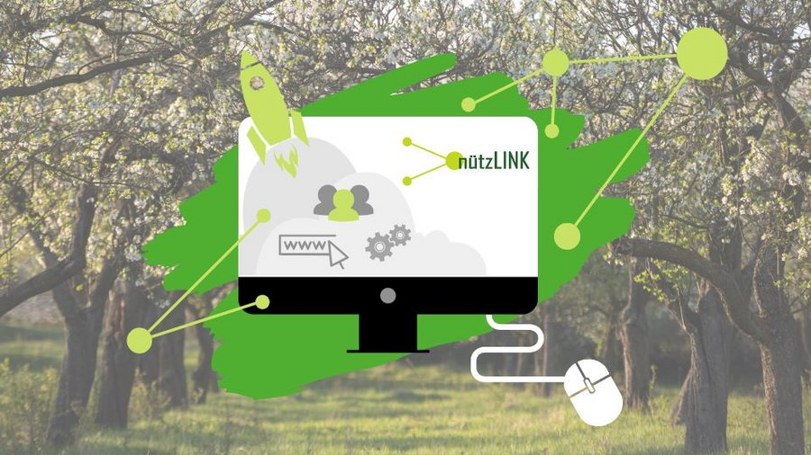  Orchard meadow in the background with digital image of a laptop in the foreground showing the logo of nützLINK