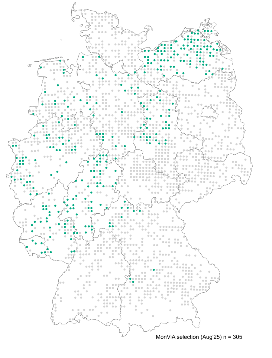 Deutschlandkarte mit grünen, blauen und grauen Punkten