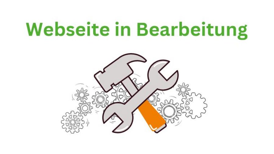 Schriftzug Webseite in Bearbeitung mit Zahnrädern und Werkzeug im Hintergrund.