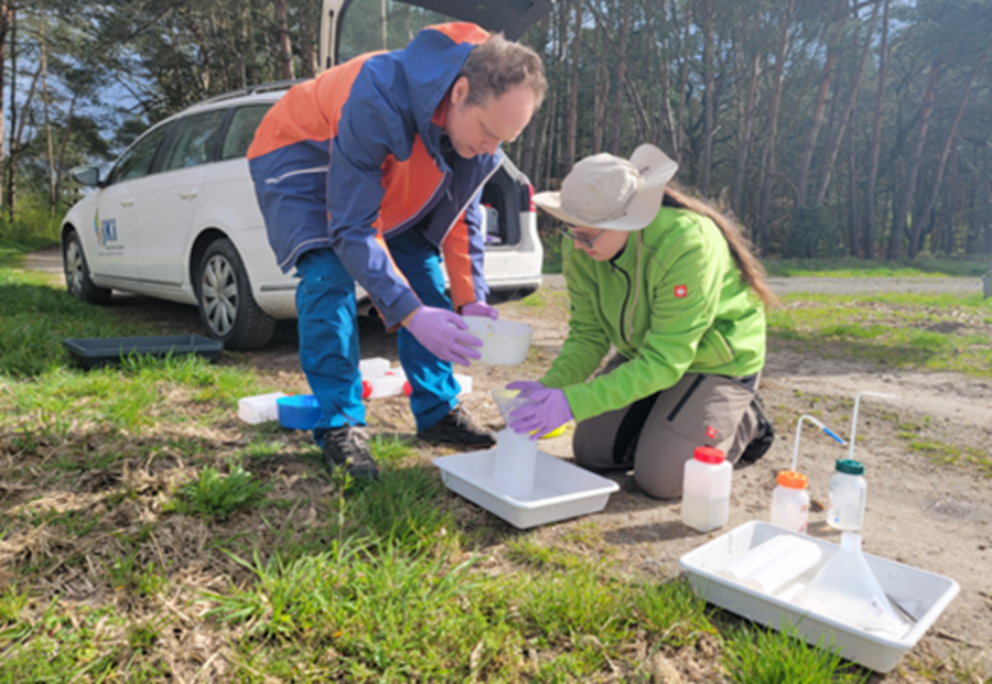 2 Personen prüfen Proben im Feld vor Auto