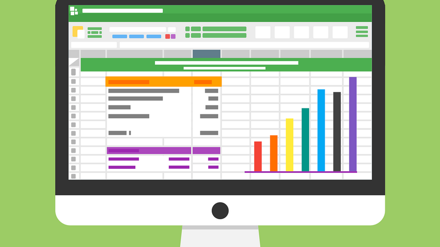 Digitale Zeichnung eines Bildschirms mit Balkendiagrammen und Excel Tabellen