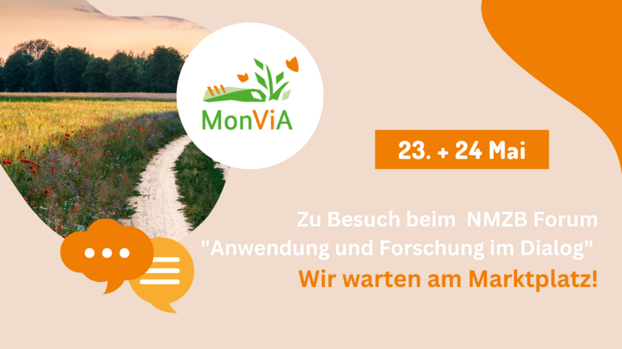 Veranstaltungshinweis zum 2. Fachforum des Nationalen Monitoringzentrums zur Biodiversität am 23. und 24. Mai. Ausschnitt eines Feldweges mit MonViA Logo daneben und Angaben zur Veranstaltung.