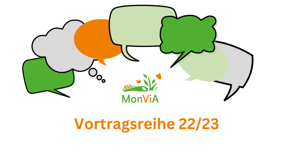 Bunte Sprech- und Gedankenblasen, die um das MonViA Logo herum platziert sind.