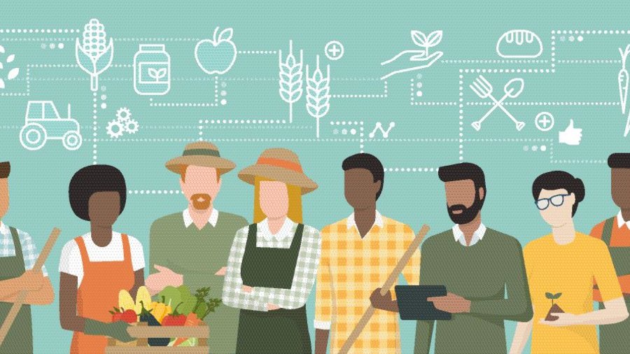 Digitale Zeichnung von vielen verschiedenen Akteuren der Landwirtschaft, die sich über Inhalte austauschen.